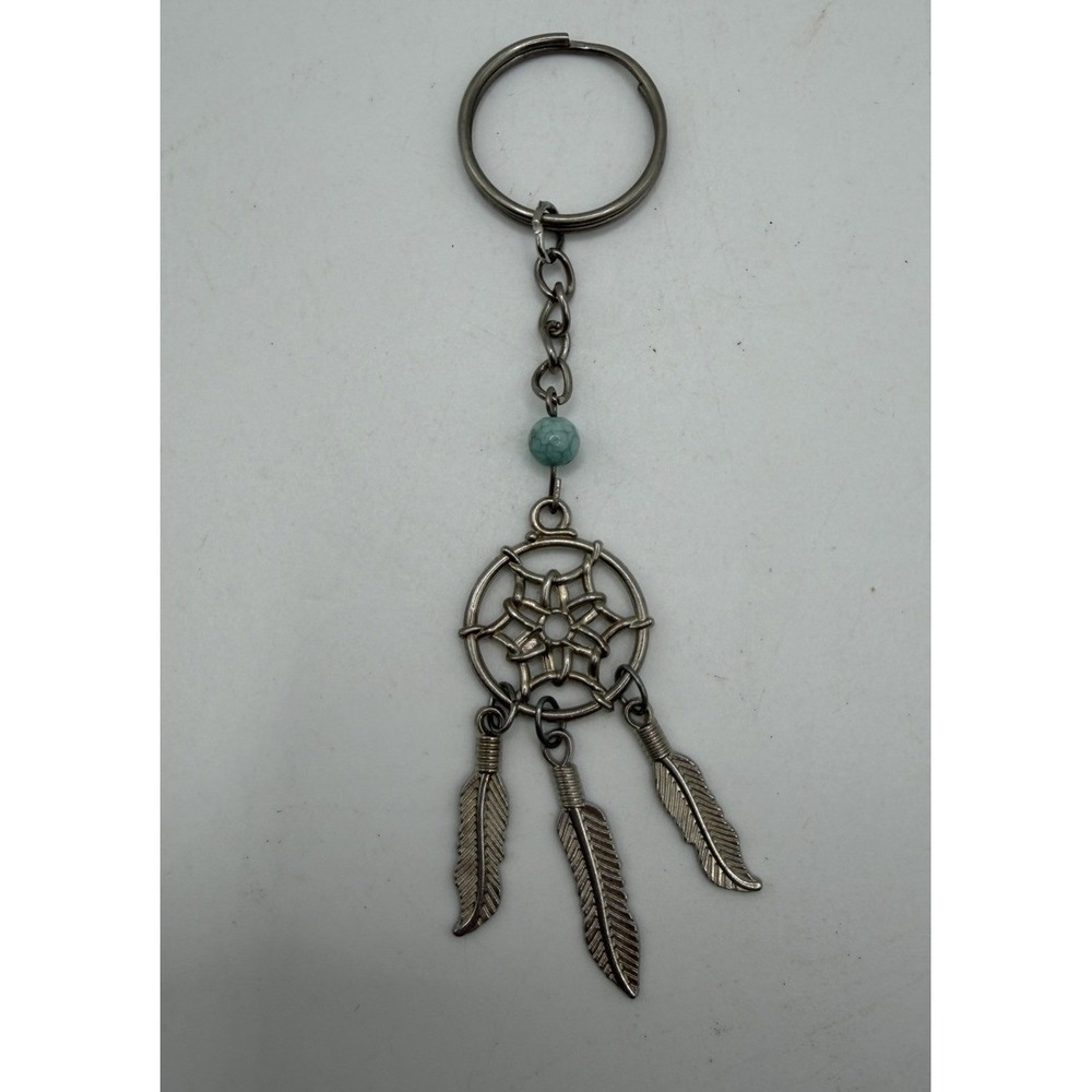 Silvertone Dreamcatcher Keychain Blue Bead 3 Feather Charm Key Ring 4"
